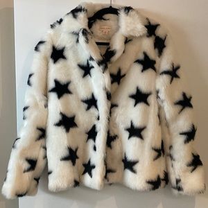 Faux fur white jacket with black stars